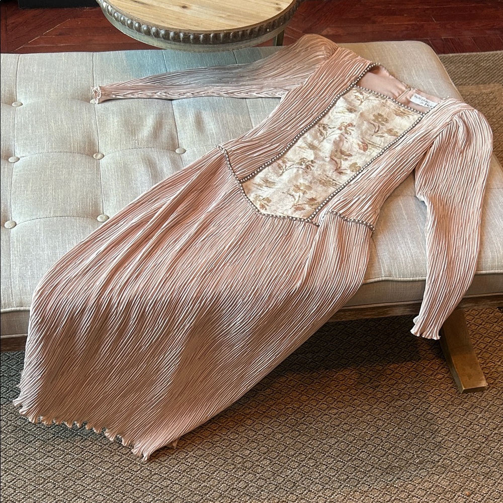Ricki Lang for Nuit Vintage Champagne Pleated Tapestry Floral LS Dress Size 12